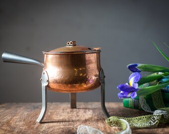 Vintage brass fondue pot, 1970s brass decor, Retro small pot, Antique metal pots, Kitchen storage