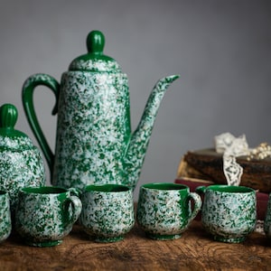 Vintage ceramic coffee set, Pottery coffee service, Coffee bar decor, Set of coffee pot, sugar bowl and 6 espresso cups