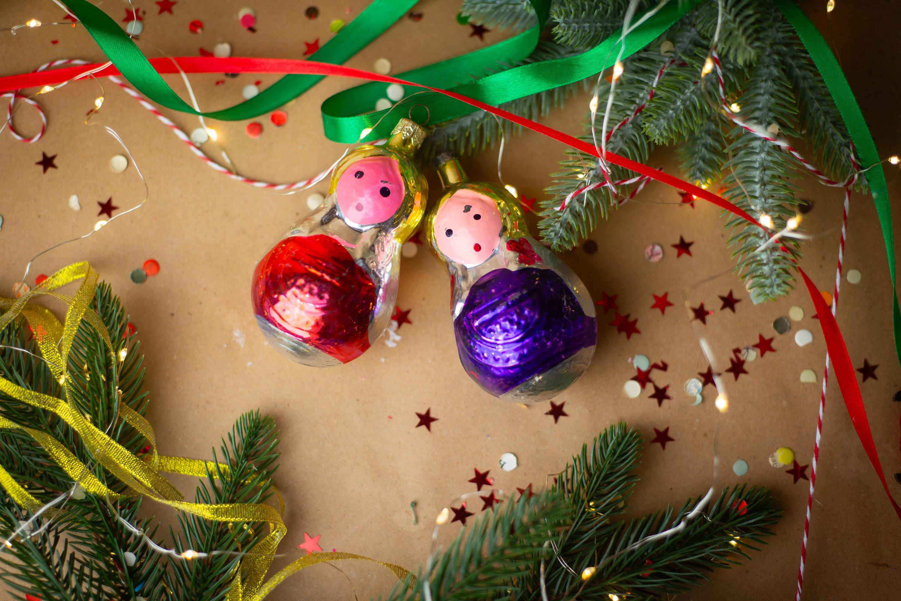 Snow Maiden Christmas Ornaments, Red & Blue Glass Snegurochka