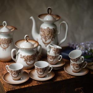 Porcelain Coffee Set, 1980s Vintage, Brown Baroque Pattern Tea Set, Full Coffee Service for 6