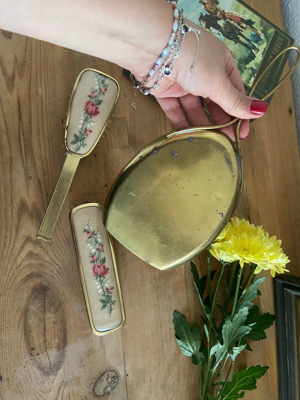 1950s Embroidered Vanity Set, Antique Floral Brush & Hair  display picture 1