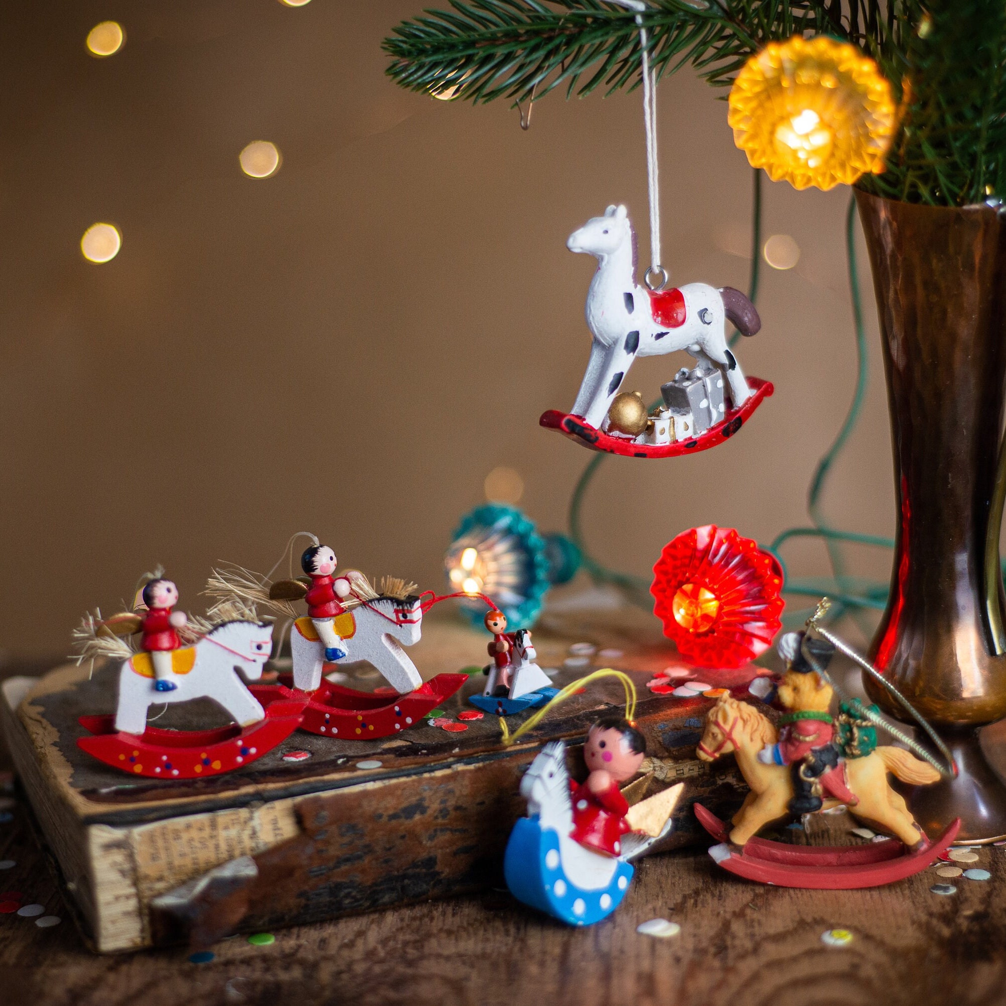 Vintage Wooden Rocking Horse Christmas Ornament, Germany Bavarian