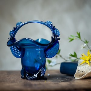 Cobalt Blue Glass Candy Basket, Murano Style Decorative Dish Bowl, Mid Century Home Decor