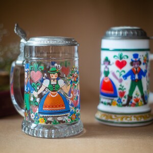 Vintage ceramic beer mug with pewter lid, Bavarian costume traditional, Octoberfest beer mass, Father's day gift