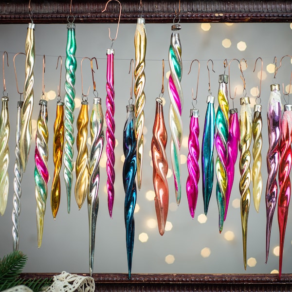 Vintage 1950s Glass Icicle Ornaments, Shiny Christmas Tree Decor