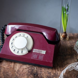 Vintage burgundy rotary phone, Antique dial phone, Retro landline phone, Industrial desk decor