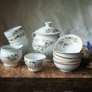 Vintage porcelain dinner set, big soup bowl and plates for soup set, rustic floral porcelain set