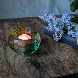 Glass candle holder, green floral decor, vintage 90s, hand-painted tealight holder