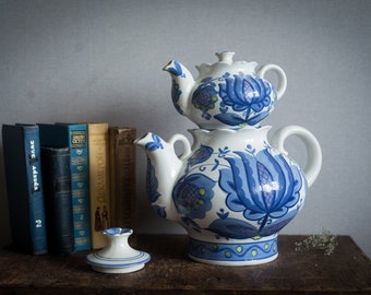 Vintage Keramik-Teekannen-Set, zweiteilig, blau-weißes Gzhel-Blumen-Teeservice