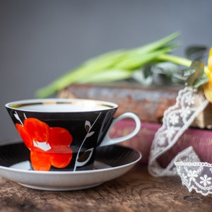 Black Porcelain coffee cup & saucer, red flowers retro tea set, porcelain ceramic, vintage tableware set, coffee espresso porcelain