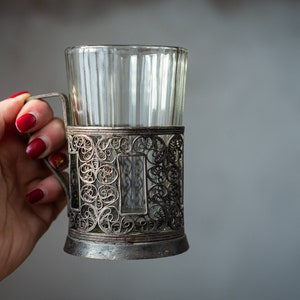Set of 2 glasses with nickel silver cup holders, filigree tumbler holders, antique glassware, vintage glass tea mugs