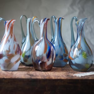Murano Style Vintage Pitcher, Mid Century Art Glass Jug, Hand Blown Water or Wine Decanter