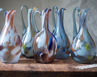 Murano Style Vintage Pitcher, Mid Century Art Glass Jug, Hand Blown Water or Wine Decanter