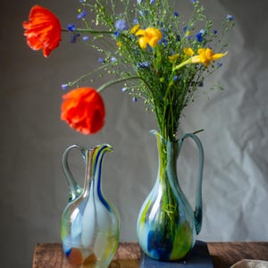 Green Murano Style Glass Pitcher – Vintage Art Jug, MCM Breakfast Table Serving Carafe, Water or Wine Jug