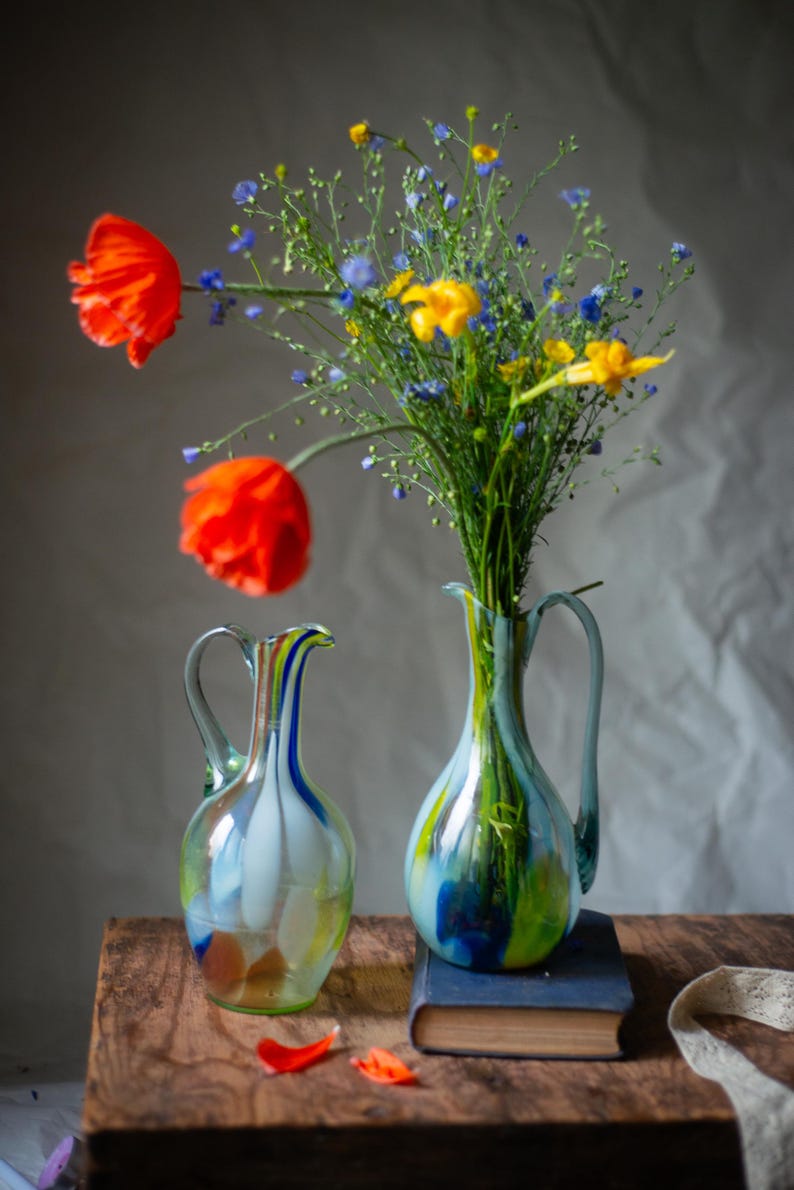 Green Murano Style Glass Pitcher – Vintage Art Jug, MCM Breakfast Table ...
