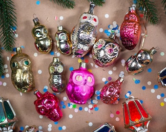 Adornos vintage de vidrio navideños de búho, figuras colgantes para árbol de Navidad,