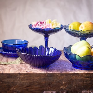 Vintage Blue Cobalt Crystal Glass Bowl Set: European Serving Dishes