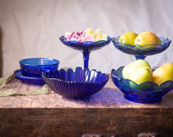 Vintage Blue Cobalt Crystal Glass table serving, fruit bowl, salad bowl, shell candy bowl