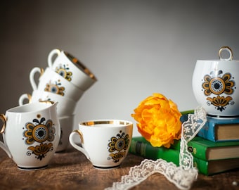 Retro ceramic tea set, gold trim cups milk jug and sugar bowl, bohemian tea party, rustic coffee service, vintage kitchenware, floral china