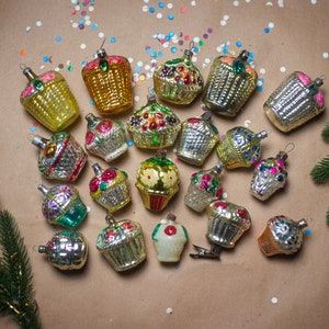 Flower basket vintage glass Christmas ornaments, Xmas hanging decorations, rustic winter home accents,