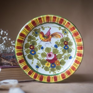 Rustic hand painted ceramic plate with flower and bird ornament, vintage, Germany