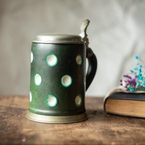 Vintage German Beer Stein, 1970s Polka Dot Ceramic Mug with Lid, Collectible Oktoberfest Barware