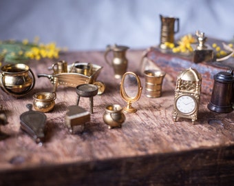Brass miniatures, doll house accessories, clock, witch cauldron, mirror, vintage dollhouse decor