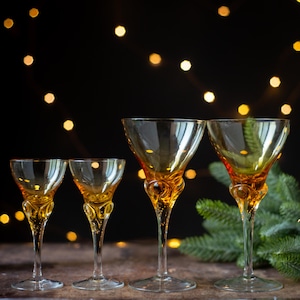 Vintage Amber Stemware Set, Champagne & Liqueur Glasses, Mid Century Barware Pair