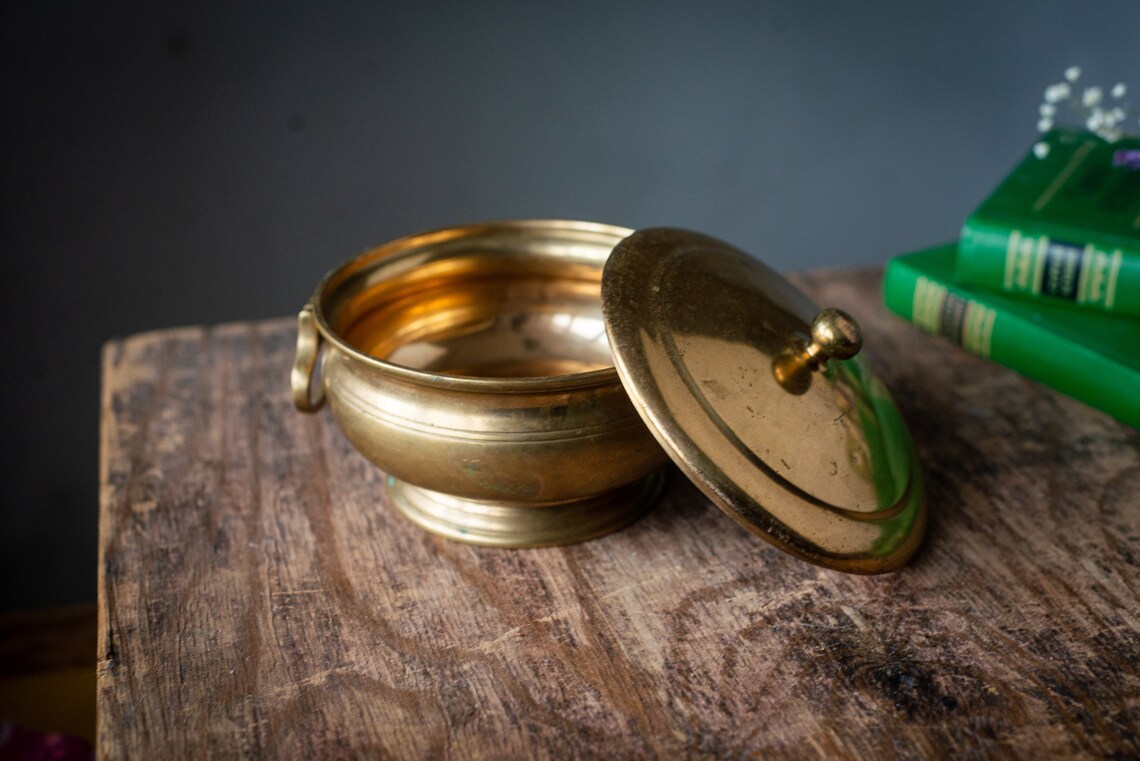 Vintage brass sugar bowl Metal candy dish with lid Retro Etsy