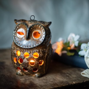 Vintage 1970s Ceramic Owl Candle Holder: Rustic Tealight Lantern