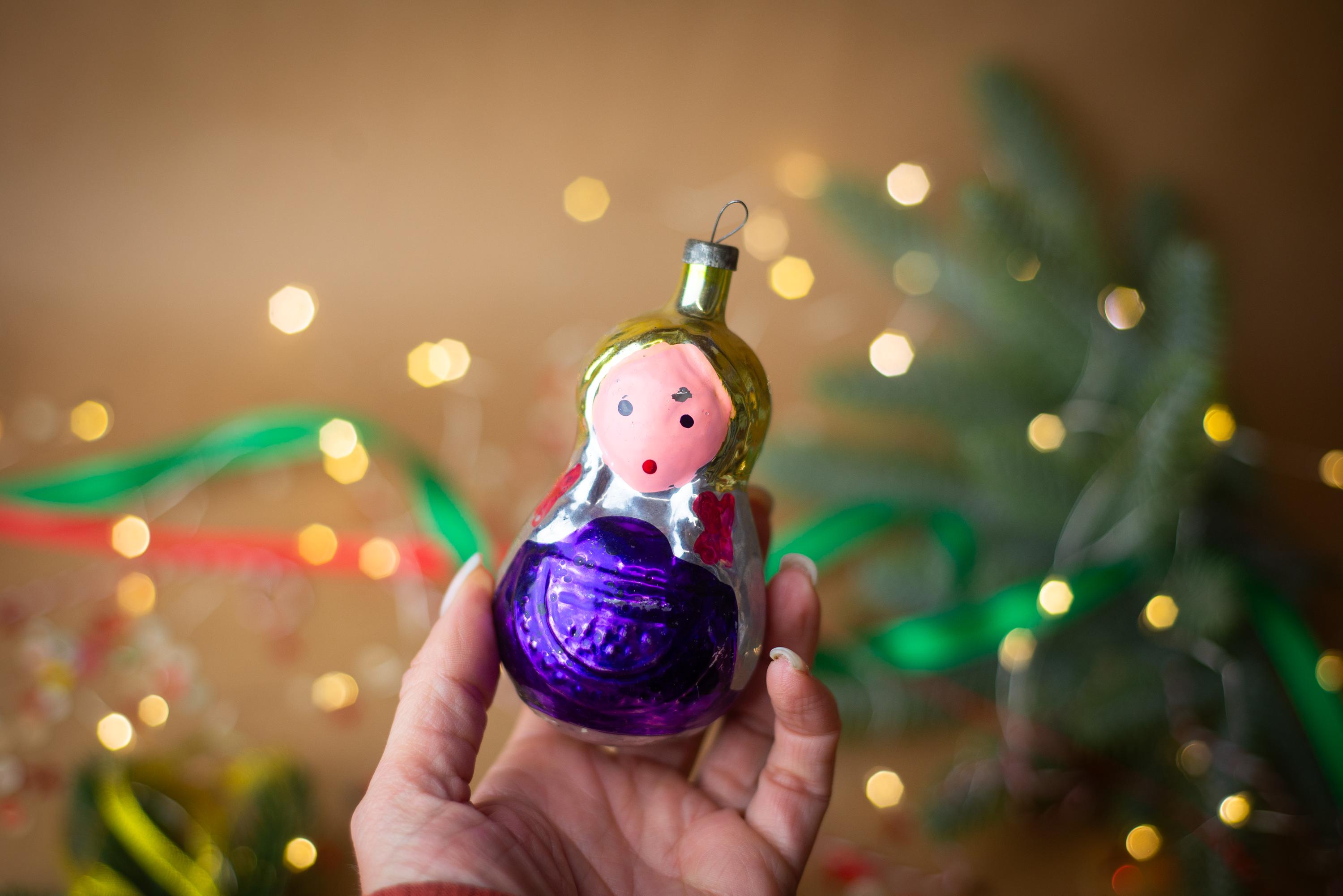 Snow Maiden Christmas Ornaments, Red & Blue Glass Snegurochka