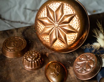 Vintage Copper Jelly Molds, Antique Wall Decor, Rustic Cake Tin, French Kitchen Mold, Farmhouse Style