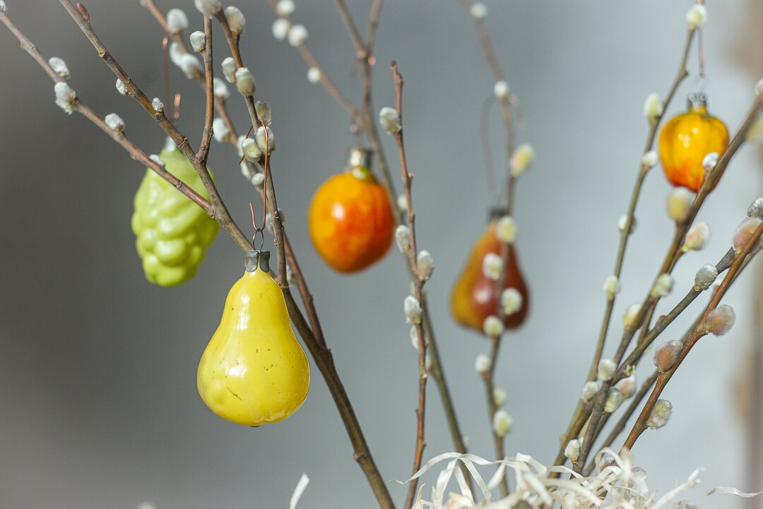 Vintage Easter Tree Ornaments, 1950s Glass Decorations, Fruit Accents