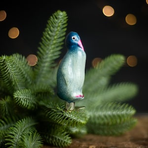 Vintage penguin Christmas ornament, clip on glass figurine, 1950s USSR Xmas accents, restored home decor