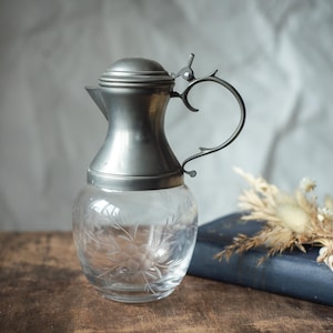 Glass decanter for wine, 1970s German carafe, retro jug with lid, antique glassware