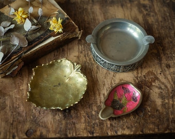 Brass trinket leaf plate, vintage brass ashtrays, vintage home cabinet decor