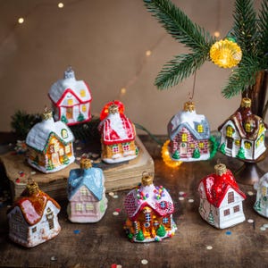 Christmas glass house ornaments, Rustic Xmas tree hanging decorations, new home Christmas gift, Hand blown Xmas ornaments, Gingerbread house