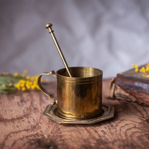 Vintage Brass Coffee Cup Set with Spoon and Tray,