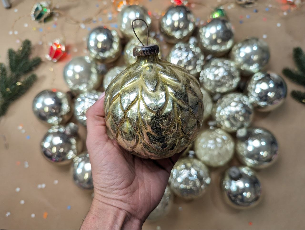 Artichoke Large Silver Vintage Glass Christmas Ornaments, Thick