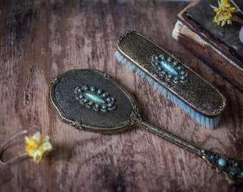 Vintage oval mirror and comb set with turquoise stone decor, vanity fair hand mirror, Mother's day gift