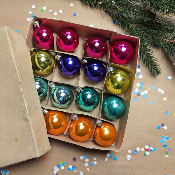 Set of 16 glass vintage Christmas ornaments, colorful mini decorations in original box, winter bohemian rainbow home decor