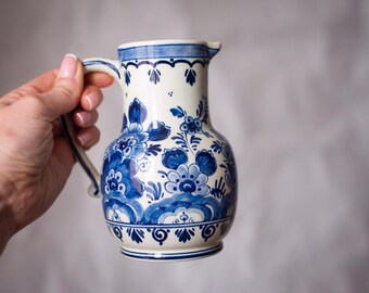 Hand-painted Delft Blue Pitcher, Flowers and Birds, Holland
