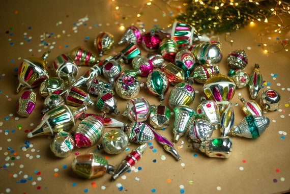Glass Christmas vintage ornaments, Xmas decoration set, hanging Xmas tree decor, 1950s shiny accents