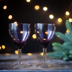 Purple Wine Glasses, Vintage Set of 2, Stemmed Goblets, Retro Barware Decor