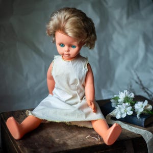 Large Doll 1970s with Blonde Hair, Vintage GDR, Retro East German Collectible Toy