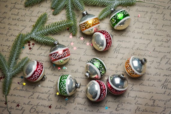 Vintage Silber Glas Weihnachtskugeln, 10er Set, gemaltes Streifen Design, Dekor 1960er Jahre