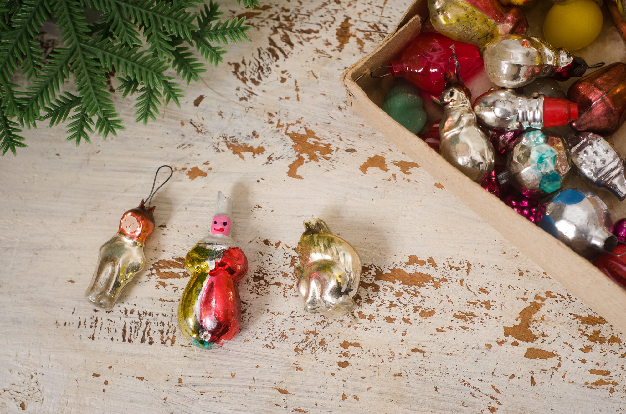 Mini Vintage Glass Christmas Ornaments Set, Tiny Dollhouse Tree