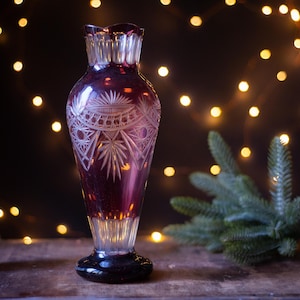 Vintage Ruby Red Cut to Clear Crystal Vase – Mid Century Etched Glass Home Decor, 1970s