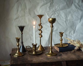 Vintage Brass Candle Holder, Rustic Metal Candlestick, Unique Taper Candle Stand, Antique Decor, Boho Home Accent