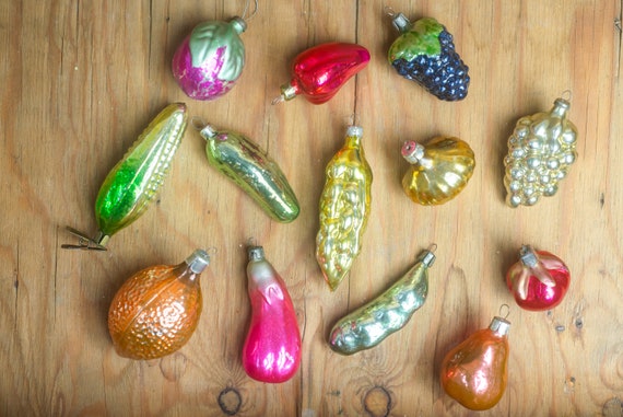 Vintage Glas Obst Ornamente Set, Handgemaltes russisches Weihnachtsdekor